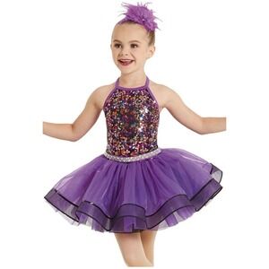Weissman Dance Costume Tutu Dress Kids MC 10 Purple Sequin Halter Tulle Sparkle